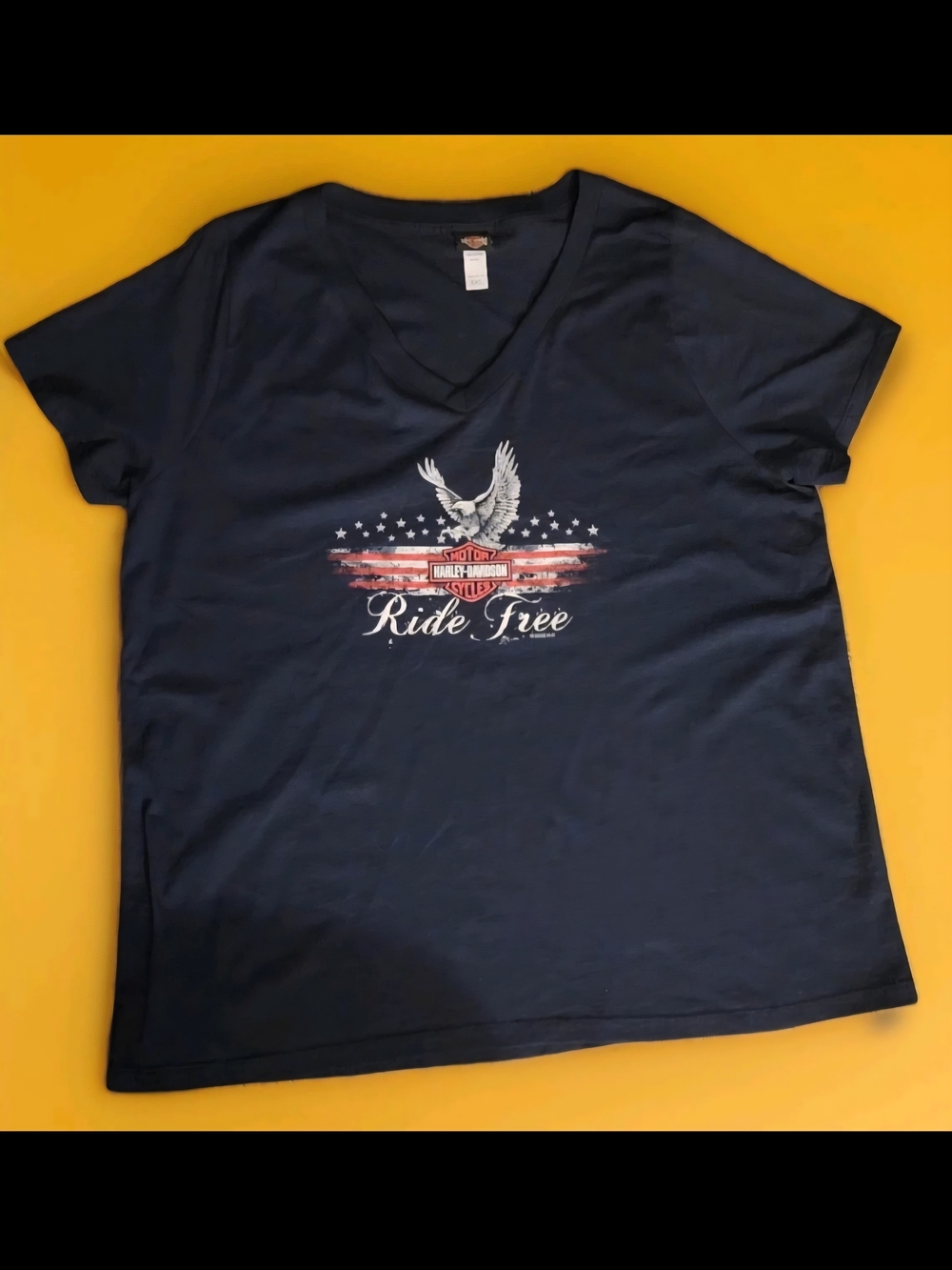Harley-Davidson Navy Womens V-Neck Tee with Eagle 'Ride Free' Graphic